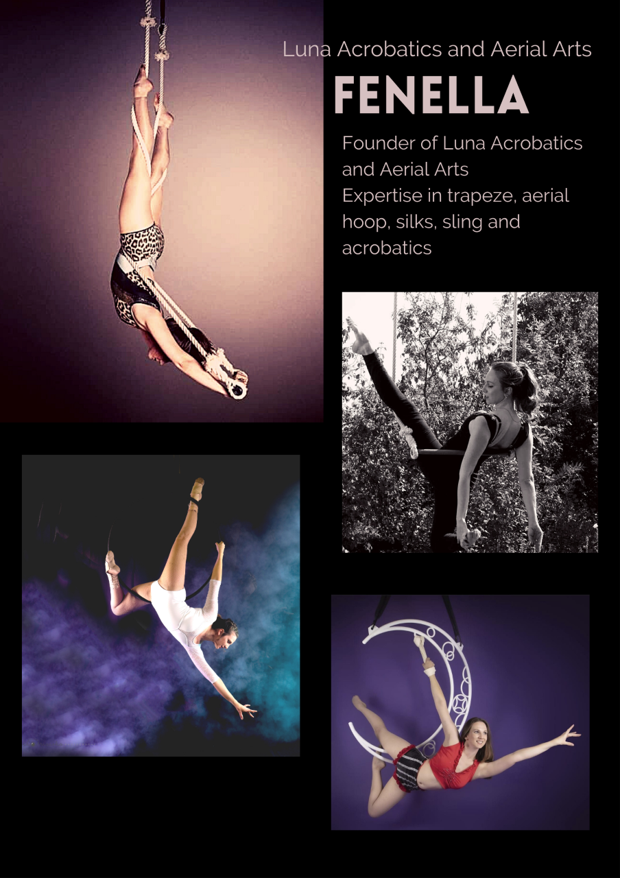 Fenella - Founder of Luna Acrobatics and Aerial Arts.  Expertise in Trapeze, Aerial Hoop, Sling, Silks and Acrobatics
